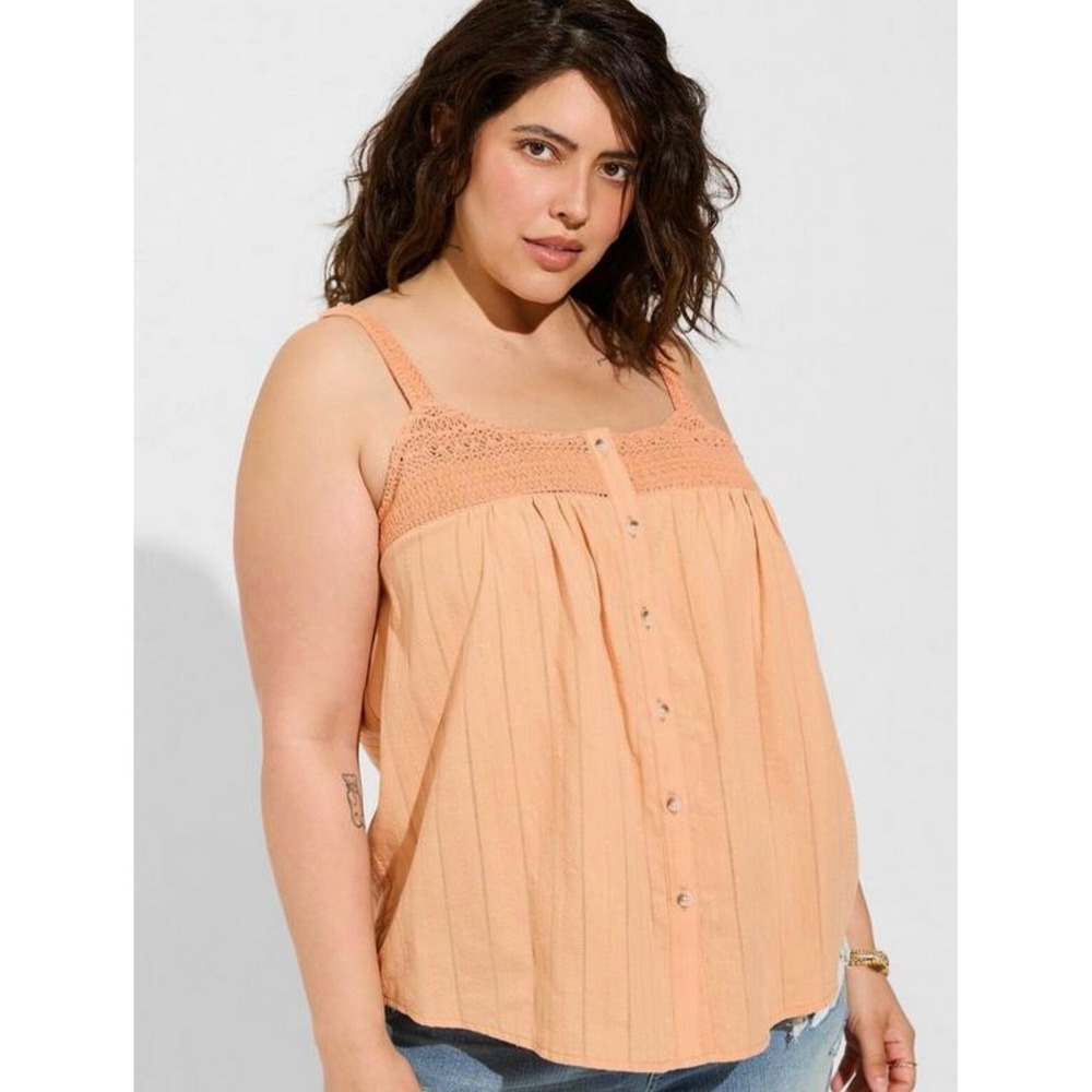 Torrid Women 0 Peach Large 12 Cotton Button-Up Embroidered Crochet Tank Top NWT